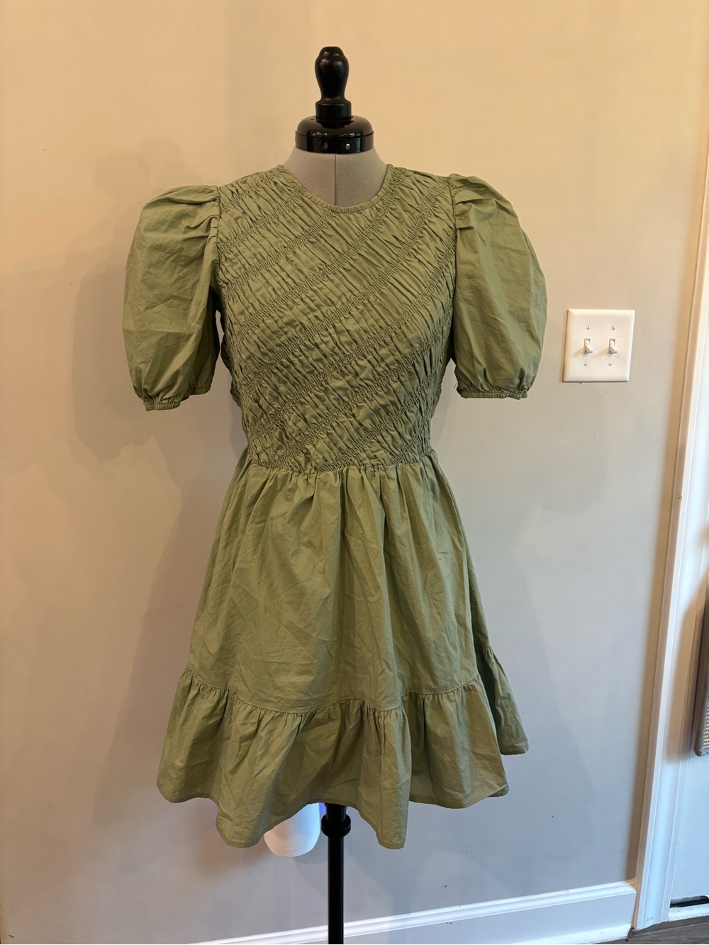English Factory Olive Green Smocked Puff-Sleeve Mini Dress